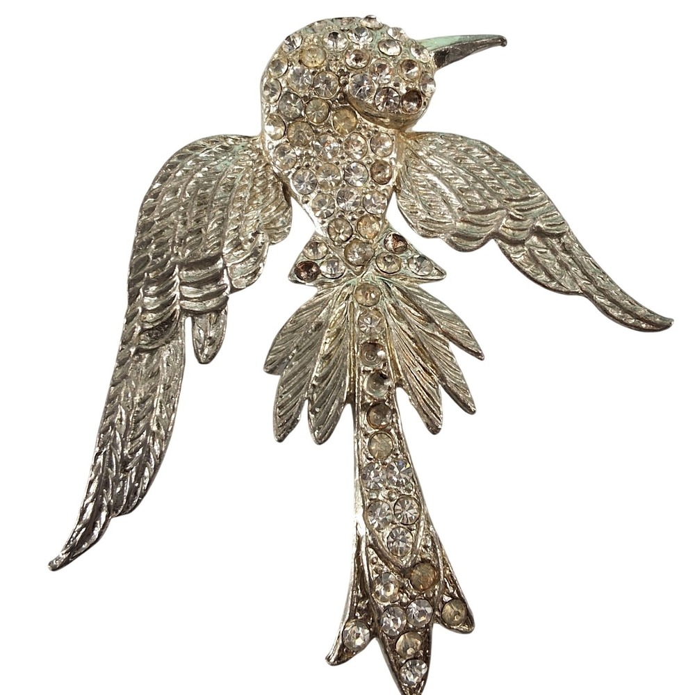 Vintage Silver Rhinestone Bird Brooch Pave Swallow Pin As-Is